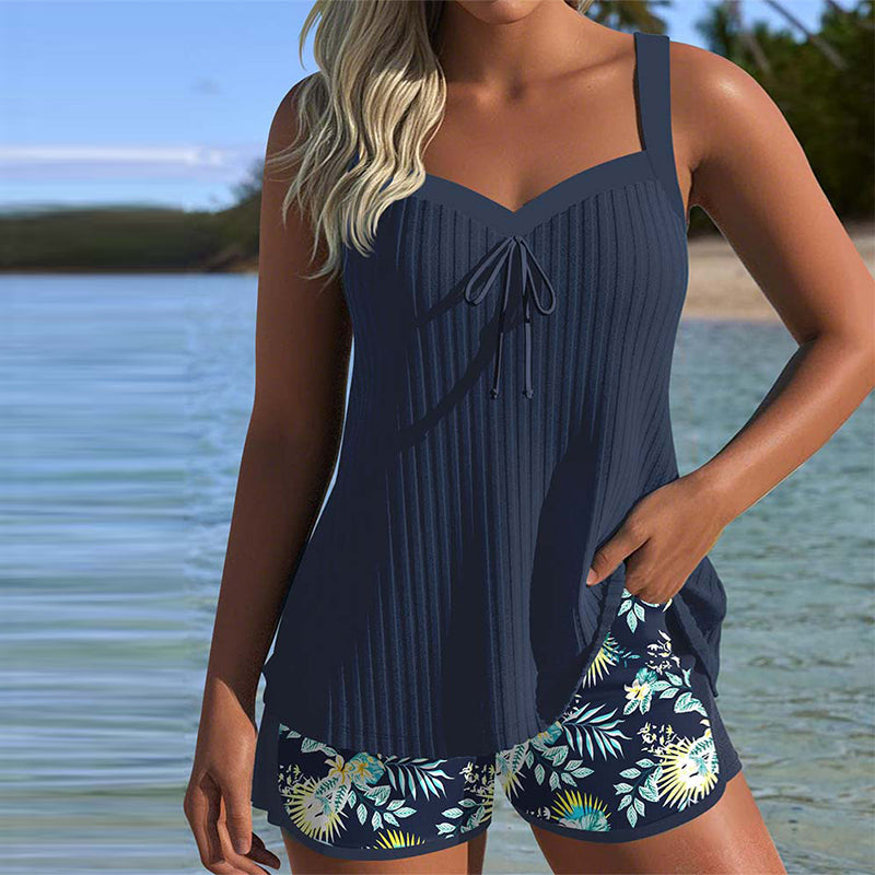 Alicia | Striped Tankini with Two-Piece Beach Shorts